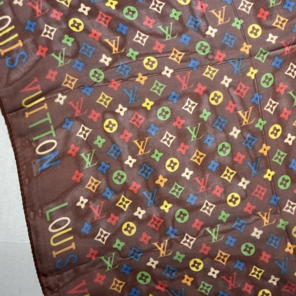 Louis Vuitton Vintage Silk Monogram Multicolor Rectangle Scarf in Brown